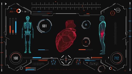 Human heart scan. Futuristic medical user interface with HUD and infographic elements. Virtual technology background. Head-up display template for business, games, motion design, web and app.