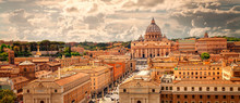 Panoramic View Of Rome With St Peter's Basilica In Vatican City, Italy. Skyline Of Rome. Rome Architecture And Landmark, Cityscape.