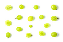 Top View Of Green Grapes Isolated On White Background.