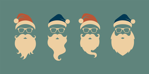 vector set of faces with santa hats, mustache and beards. christmas santa design elements. holiday i