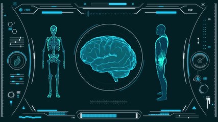 Human brain scan. Futuristic medical user interface with HUD and infographic elements. Virtual technology background. Head-up display template for business, games, motion design, web and app.