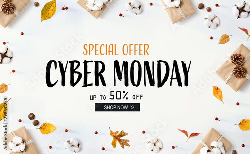 Cuadros en Lienzo Cyber Monday banner with gift boxes with autumn leaves