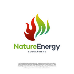 Wall Mural - Nature Energy Logo design Concept vector template. Leaf with Fire flame droplet shape Logotype concept icon