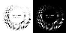 Halftone Circle Dotted Frame Circularly Distributed. Vector Dots Logo Emblem Design Set. Round Border Icon Using Random Halftone Circle Dot Raster Texture. Half Tone Circular Background Pattern.