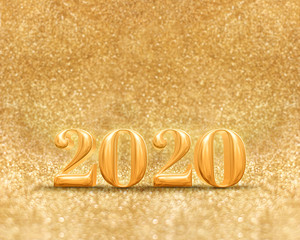 Poster - happy new year 2020 year gold number ( 3d rendering ) at sparkling golden glitter studio background ,Holiday Greeting card.Banner mock up for display of design