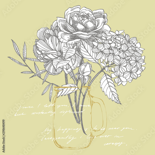 Bouquet. Spring Flowers and twigs. Peonies, Hydrangea, Rose. Vintage botanica...