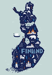 finland cartoon map. hand-drawn touristic map of the country with main attractions. traveling poster