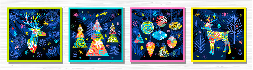 Happy New Year, Merry Christmas, Noel colorful greeting banner. Christmas tree branches decoration ball snowflakes frost stars deer ornament pattern. Hand drawn vector illustration.