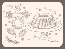 Wintertime And Christmas Pastries, Cookies, Bundt Cake. Vintage Style Vector Illustration For Menu, Poster Or Other Use.