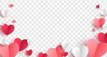 red, pink and white hearts with golden confetti isolated on transparent background. vector illustrat