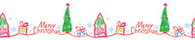 Christmas Simple Seamless Border Or Frame. Like Child Hand Drawing Background Pattern. Crayon, Pastel Chalk Or Pencil Funny Doodle Tree, House, Gift Box, Snow, Hut. Vector Kids Artistic Stroke Style.