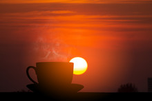 Silhouette Hot Coffee And Sunrise