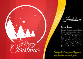 Christmas invitation template with golden christmas trees & circle on red & gold curvy background with black space for text