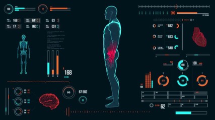 Futuristic medical user interface with HUD and infographic elements. Virtual technology background. Head-up display template for business, games, motion design, web and app. Human anatomy scan.