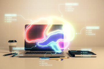 Brain sketch hologram with desktop office background. Double exposure. Concept of education