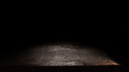 Wood table and black wall background, Empty wooden floor space platform with library background for product display.