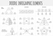 Doodle infographic set with pyramid, rocket, circles and other abstract elements. Hand drawn icons. Thin line illustration.