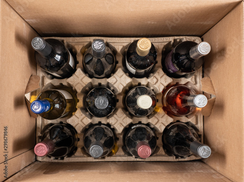 Stock photo of a case of wine open to show the bottles