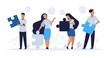 © SpicyTruffel - Business teamwork concept. Cartoon people with puzzle elements, teamwork collaboration and people connection vector illustration. Corporate work office connecting together team for promotion company
