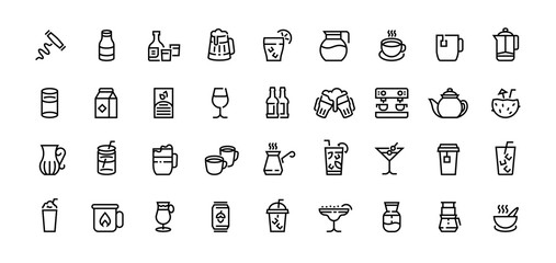 Drinks line icons. Coffee tea and alcoholic beverages, beer champagne cocktails, water in bottle and glass, milk. Vector set outlines drinking food beverage for party