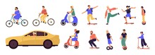 People Riding. Cartoon Characters On Modern Electric City Transport, Longboard Scooter Bicycle Unicycle Car. Vector Personal Transporters Roller Device With Motor
