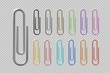 Realistic colorful paper clip set. Metal fasteners notebook holders. Vector illustrations colors steel paperclip for organizing work process