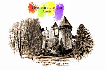 Castle Heidenreichstein, Austria - Vintage travel sketch.