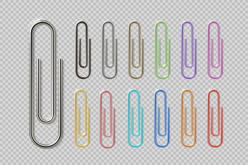 Realistic colorful paper clip set. Metal fasteners notebook holders. Vector illustrations colors steel paperclip for organizing work process