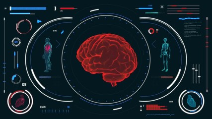 Human brain scan. Futuristic medical user interface with HUD and infographic elements. Virtual technology background. Head-up display template for business, games, motion design, web and app.