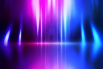 Poster - Empty background scene. Dark street reflection on wet asphalt. Rays of neon light in the dark, neon shapes, smoke. Background of an empty stage show. Abstract dark background.