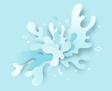 White And Blue Splash Water And Confetti On Background, Paper Art Paper Cutting Style. Vector Illustration