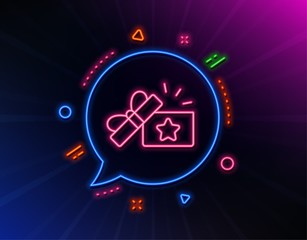 Wall Mural - Loyalty gift box line icon. Neon laser lights. Bonus points. Discount program symbol. Glow laser speech bubble. Neon lights chat bubble. Banner badge with loyalty gift icon. Vector