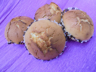   four tasty baked muffin houses on purple paper background    