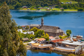 Wall Mural - San Juan, Chiloe Island, Chile - View of San Juan and Its Shipyards and the Wooden Jesuit Church (UNESCO World Heritage)