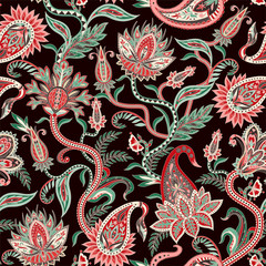  Seamless pattern with ethnic ornament elements and paisleys. Folk flowers and leaves for print or embroidery.