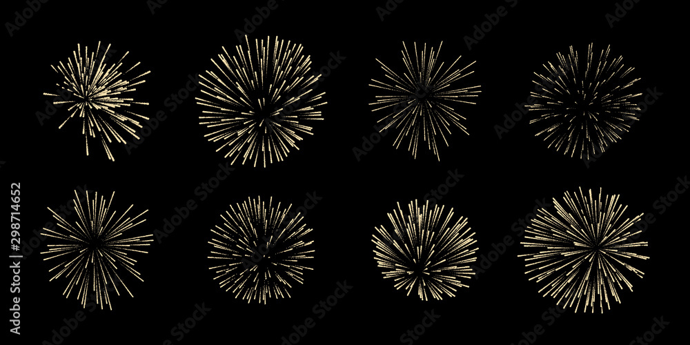 Vector set of eight fireworks isolated on black background. - obrazy, fototapety, plakaty 