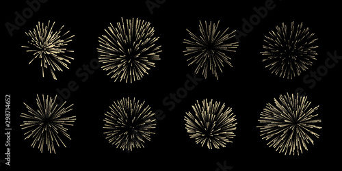 Fotomural Vector set of eight fireworks isolated on black background.
