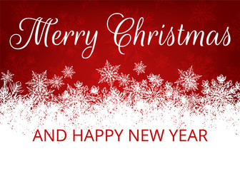 Wall Mural - Merry Christmas and Happy New Year. Christmas greeting card with snowflakes border on red background