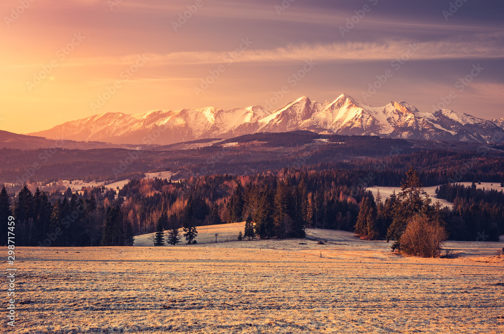 Beautiful spring panorama over Spisz highland to snowy Tatra mountains in the morning, Poland - obrazy, fototapety, plakaty 