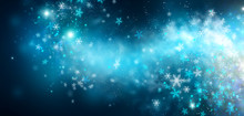 Winter Christmas And New Year Glittering Snow Flakes Swirl On Black Bokeh Background, Backdrop With Sparkling Blue Stars, Holiday Garland, Magic Glowing Stars, Lights. Abstract Glitter Blinking Sparks