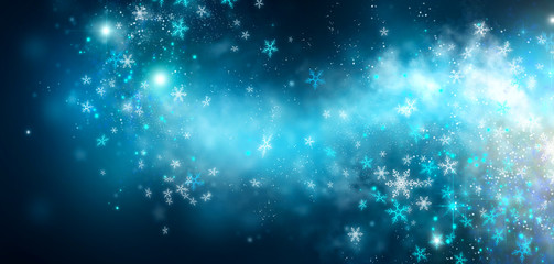 Poster - Winter Christmas and New Year glittering snow flakes swirl on black bokeh background, backdrop with sparkling blue stars, holiday garland, magic glowing stars, lights. Abstract Glitter Blinking sparks