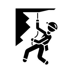 Wall Mural - Mountain climbing glyph icon. Alpinism, mountaineering. Abseiling, rappelling descend. Spelunking. Mountaineer sliding down rope. Silhouette symbol. Negative space. Vector isolated illustration