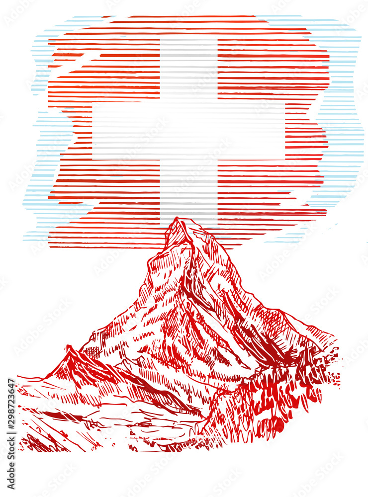 Ilustracja przedstawiająca flagę Szwajcarii z przykładowym zabytkiem architektonicznym - obrazy, fototapety, plakaty 