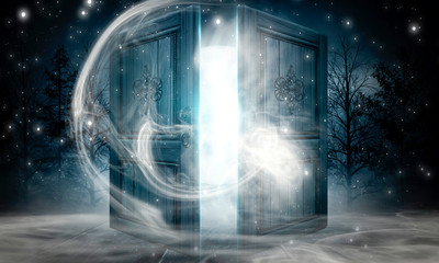Wall Mural - open doors. abstract light. night view, magic fantasy, smoke, smog, neon. dark forest. abstract dark