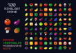 Pixel art vector game design icon video game interface set. Fruits, vegetables, mushrooms, nuts. Isolated retro arcade game design