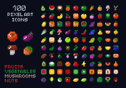 pixel art vector game design icon video game interface set. fruits, vegetables, mushrooms, nuts. iso