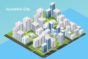 Isometric urban megalopolis top view of the city infrastructure town, street, houses, architecture 3d elements different buildings