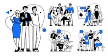 Collection Of Succesfull Team Illustrations . Bundle Of Men And Women Taking Part In Business Meeting, Negotiation, Brainstorming, Talking To Each Other. Teamwork Concept Outline Vector Illustrations.