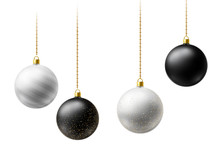 Realistic Black And White Christmas Balls Hanging On Gold Beads Chains On White Background