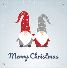 Christmas Card With Scandinavian Gnomes - Cute Little Gnomes Couple - Christmas Vector Illustration